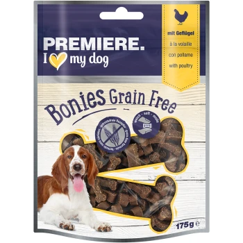 Bonies grain free 175g Geflügel Premiere I Love My Dog Bonies Getreidefreie Leckerlis in einer transparenten Tüte, mit weichen, knochenförmigen Snacks und einem Geflügelschild.
