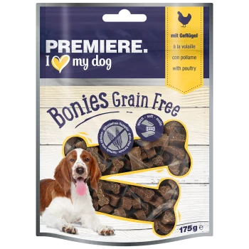 Friandises Premiere I Love My Dog Bonies Grain Free dans un sac transparent, présentant des collations douces en forme d'os avec une étiquette de volaille.