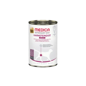 Dosenfutter für Hunde, beschriftet mit 'Medica Veterinary Diet Harnsteindiät Struvit' für Harnsteine, mit einer Silhouette eines Hundes und Nährwertangaben.