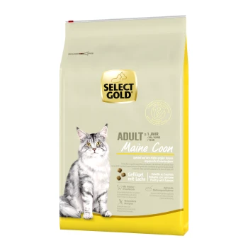 Sac de nourriture pour chats doré pour Maine Coons, avec un chat gris, étiqueté "Adulte" et "Geflügel mit Lachs" (Volaille avec Saumon).