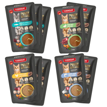 Vier Fleischeslust PUSSY DELUXE Katzenfutterbeutel (Forelle, Ente, Huhn, Lachs) mit Katzenfoto und 'PATE'-Fenster.