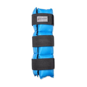 Blau gepolsterter Pferdebeinschutz mit schwarzen Klettverschlüssen, beschriftet mit dem "WALDHAUSEN"-Logo.