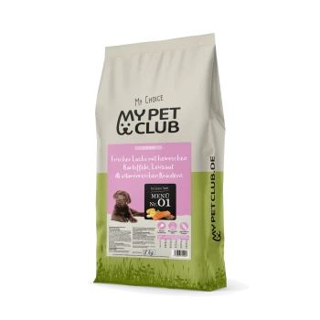 Hundefutterbeutel mit der Aufschrift "My Pet Club", der frischen Lachs, Kartoffeln, Leinsamen und vitaminreiche Kräuter enthält. 18 kg Gewicht.