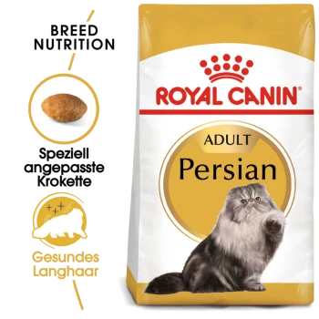 Royal Canin Adult Persian Katzenfutterbeutel mit einer fluffigen Perserkatzenillustration, mit Text, der die rassespezifische Ernährung und das Futterdesign hervorhebt.