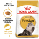 Royal Canin Adult Persian Katzenfutterbeutel mit einer fluffigen Perserkatzenillustration, mit Text, der die rassespezifische Ernährung und das Futterdesign hervorhebt.
