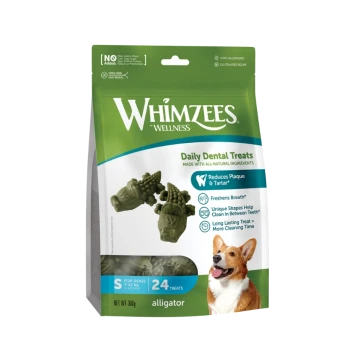 Sachet Whimzees Wellness Daily Dental Treats, friandises vertes en forme d'alligator illustrées, 24 friandises, "Réduit la plaque et le tartre"