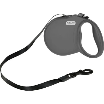 Eine ausziehbare Hundeleine in Schwarz, mit einem komfortablen Griff und einem stabilen Clip zum Befestigen an einem Halsband.