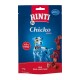 Verpackung von Rinti Chicko Mini Hundeleckerlis mit blauem Hintergrund, Cartoon-Hund und Text "100% RIND" und "MINI RIND-HÄPPCHEN."