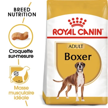 Sac de nourriture pour chiens Royal Canin Adult Boxer avec une illustration de chien Boxer, avec un texte mettant en avant la nutrition de la race et la masse musculaire idéale.