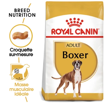 Sac de nourriture pour chiens Royal Canin Adult Boxer avec une illustration de chien Boxer, avec un texte mettant en avant la nutrition de la race et la masse musculaire idéale.
