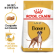 Sac de nourriture pour chiens Royal Canin Adult Boxer avec une illustration de chien Boxer, avec un texte mettant en avant la nutrition de la race et la masse musculaire idéale.