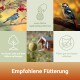 Vogelfutterstelle mit Vögeln beim Fressen, Specht auf Fettfutterring und deutschem Text über das Sichern und Schützen von Futterplätzen vor Katzen.