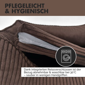 Ein entspannter Französischer Bulldogge schläft auf einem gemütlichen, gerippten Haustierbett. Der Text lautet "Kuschelweich" und "Atmungsaktiver, flauschiger Cord-Stoff."