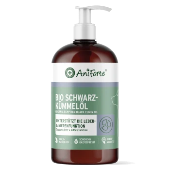 Flasche mit AniForte Bio ägyptischem Schwarzkümmelöl, beschriftet in Deutsch und Englisch, fördert die Unterstützung von Leber und Nieren, 100% natürlich.