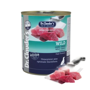 Dosen-Haustierfutter von Dr. Clauder's mit ausgewähltem Fleisch, beschriftet "WILD" mit sichtbaren Fleischstücken und Text auf Deutsch über Verdauungsunterstützung.
