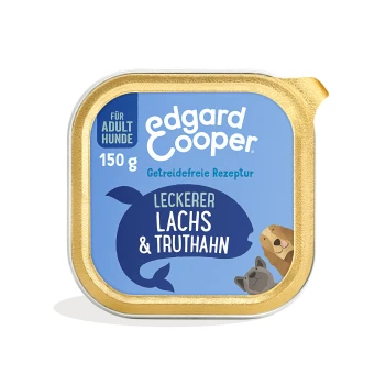 Emballage de nourriture pour chiens Edgard Cooper, 150g, avec un fond bleu, le texte "Leckerer Lachs & Truthahn" et "Getreidefreie Rezeptur".