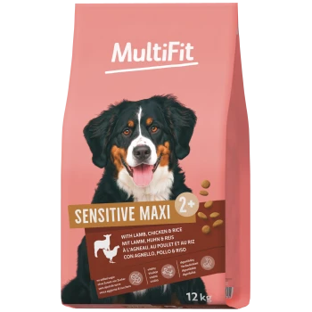 MultiFit Sensitive Maxi 2+ 12 kg Hundefutterbeutel, Lamm, Huhn & Reis, lächelnder Berner Sennenhund auf rosa Verpackung.