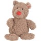 Lockeres beiges Teddybär-Plüschtier mit roter Nase und gemustertem Stoff im Inneren der Ohren.