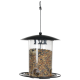 A transparent bird feeder filled with mixed seeds, featuring a black metal roof and base, suspended by a hook.