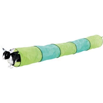 Ein schwarz-weißer Hase taucht aus einem bunten Spieltunnel auf, der zwischen grünen und blauen Abschnitten wechselt.