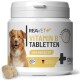 Behälter mit REAVET Vitamin B Tabletten für Hunde, mit einem lächelnden Hund und dem Text: "Hochdosiert mit 8 Vitaminen," "Made in Germany."