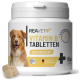 Behälter mit REAVET Vitamin B Tabletten für Hunde, mit einem lächelnden Hund und dem Text: "Hochdosiert mit 8 Vitaminen," "Made in Germany."