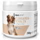 Behälter mit REAVET Flohsamen Schalen (Psylliumschalen) für Hunde, 250g, mit einem glücklichen Hund auf dem Etikett und Text in deutscher Sprache.