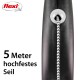 Flexi ausziehbare Hundeleine mit einem 5 Meter langen Hochleistungsseil, mit einem schwarzen Griff und einem weiß-schwarzen geflochtenen Seil.