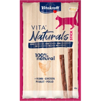 Vita Naturals Stick Katzenleckerlis von Vitakraft, mit einer Hühnerillustration, beschriftet mit "100% natürlich" ohne Zusatzstoffe.