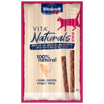 Vita Naturals Stick Katzenleckerlis von Vitakraft, mit einer Hühnerillustration, beschriftet mit "100% natürlich" ohne Zusatzstoffe.