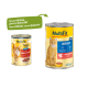 Zwei MultiFit Katzenfutterdosen: eine mit der Aufschrift "Adult mit Rind & Leber" und die andere mit einem neuen Design, das "New DESIGN, same QUALITY" angibt.