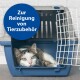 Eine Katze, die in einer blauen Haustiertrage mit einer weißen Metalltür ruht, begleitet von einem runden blauen Etikett mit der Aufschrift "Zur Reinigung von Tierzubehör."