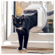 Eine schwarz-weiße Katze mit leuchtend gelben Augen, die aus einer Katzentür herauskommt, die in eine Glastür eingebaut ist.