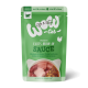 Premium kattenvoer zakje met "WOW-Cat" branding, groene achtergrond, en tekst: "Filets Huhn in Sauce" met kip in saus.