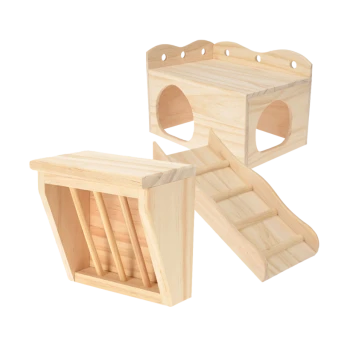 Holz-Haustierzubehör, einschließlich einer mehrstufigen Plattform, einer Rampe und einem Versteckhaus, alles in einer natürlichen Ausführung.