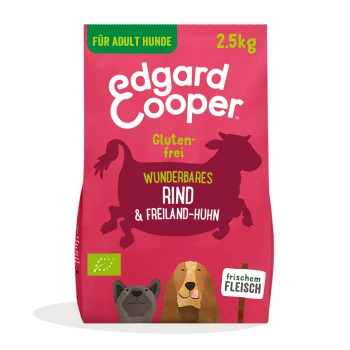 Bio Adult Wunderbares Rind und Freiland-Huhn 2.5 kg Glutenfreier 2,5 kg Edgard Cooper Hundefutterbeutel mit Kuh- und zwei Hundillustrationen, beschriftet mit "Wunderbares Rind & Freiland-Huhn."