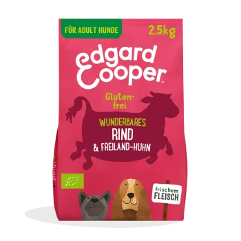 Glutenfreier 2,5 kg Edgard Cooper Hundefutterbeutel mit Kuh- und zwei Hundillustrationen, beschriftet mit "Wunderbares Rind & Freiland-Huhn."