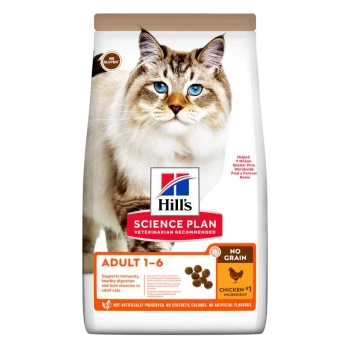 Hill's Science Plan Katzenfutterbeutel mit einer flauschigen Katze mit blauen Augen. Der Text hebt 'Erwachsene 1-6', 'Keine Körner' und 'Huhn #1 Zutat' hervor.