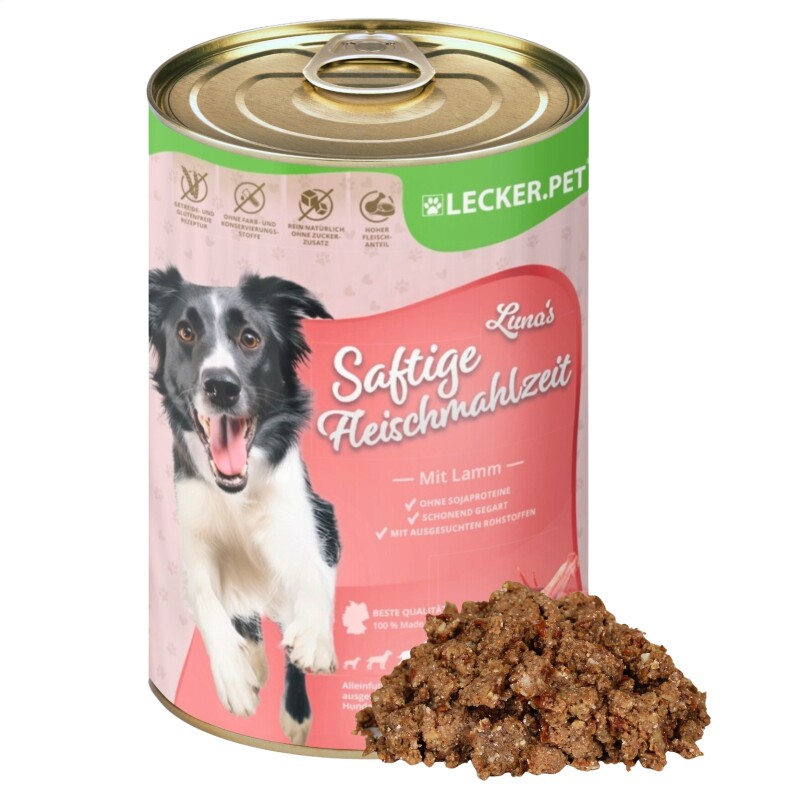 Lyra Pet Lecker.Pet Luna's Saftige Fleischmahlzeit mit Lamm Hundefutter Nassfutter 6x2,4 kg