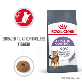 Royal Canin Appetitkontrolle Katzenfutterbeutel mit einer Katzenillustration, einem Stück Trockenfutter und dem Text: "90% der Besitzer berichteten von kontrolliertem Betteln in 4 Wochen."