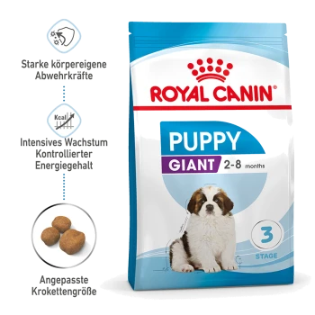 Royal Canin Puppy Giant Hundefutterbeutel für Welpen von 2-8 Monaten, mit einem Bernhardiner und Informationen zur Immununterstützung und Energiekontrolle.