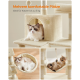 Katzenbaum mit mehreren gemütlichen Plätzen, ideal für Katzen bis zu 5 kg. Mit einem weichen, beigen Design, einem würfelförmigen Versteck und einer hängenden Hängematte.