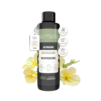 Flasche mit ALPHAZOO Nachtkerzenöl für Hunde und Katzen, mit einem Pfotenabdruck-Design, mit Blumen im Hintergrund und Produktansprüchen.