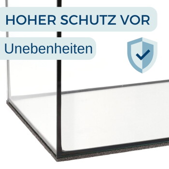 Glaseckteil eines Aquariums auf Schaumstoffunterlage; deutscher Text ‚HOHER SCHUTZ VOR Unebenheiten‘ und Schild mit Häkchen-Symbol.