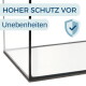 Glaseckteil eines Aquariums auf Schaumstoffunterlage; deutscher Text ‚HOHER SCHUTZ VOR Unebenheiten‘ und Schild mit Häkchen-Symbol.