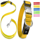 Ein leuchtend gelbes Hundehalsband und eine Leine, die eine robuste Schnalle und einen Metallclip aufweisen, mit zusätzlichen bunten Riemen, die an der Seite angezeigt werden.