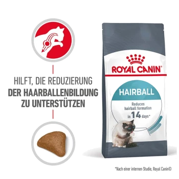 Royal Canin Haarball Katzenfutterbeutel, mit einer Katzen-Grafik, behauptet, die Bildung von Haarballen in 14 Tagen zu reduzieren, mit einem abgebildeten Krokettenstück.