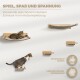 Eine getigerte Katze entspannt sich auf einem Holzregal, mit weiteren Regalen sichtbar. Text: "Spiel, Spaß und Spannung" und "Entworfen in Europa."