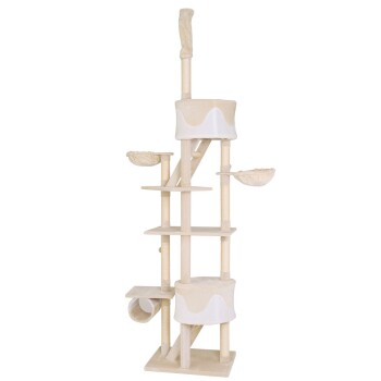 Katzenbaum mit mehreren Ebenen, zwei hängenden Betten, einem Tunnel und einem Kratzbaum, alles in einer sanften beigen Farbe.
