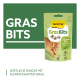 Grüne GimCat GrasBits-Leckerli-Tasche mit orangefarbener Katze; sichtbarer Text 'GRAS BITS' und 'mit schmackhaftem Gras.'